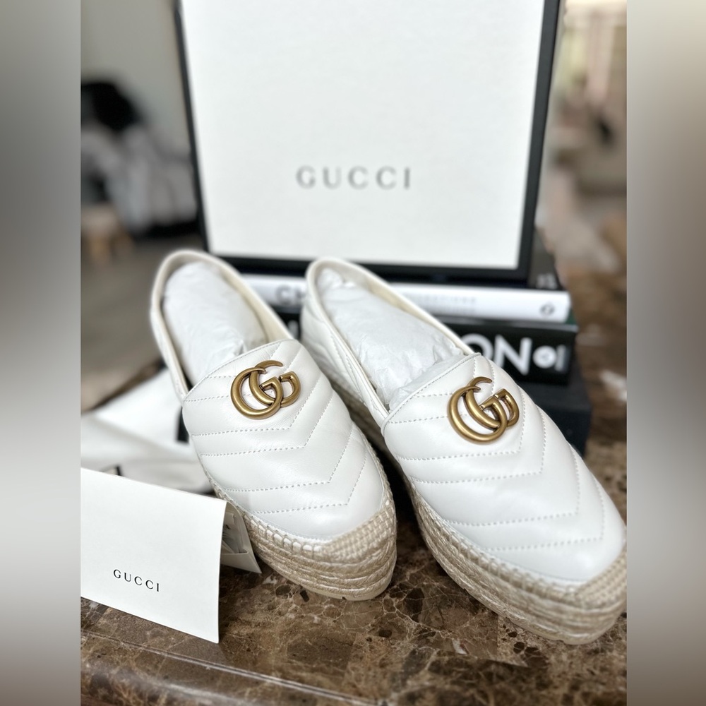 NIB GUCCI Marmont Napa Charlotte Platform Espadrille Great White Sz 38.5 or 8.5